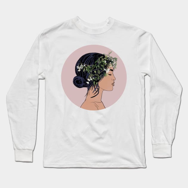 Beautiful asian woman minimalism flowers Long Sleeve T-Shirt by Nastya Li